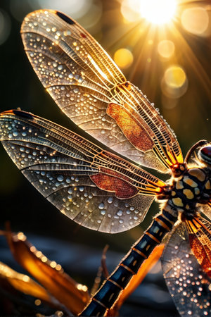 The picture shows an extreme close-up of dragonfly wings glistening with dewdrops against a sunlit background featuring bokeh light effects.の素材