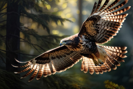 A bird of prey with detailed feather patterns in flight near trees, displaying its talons and hooked beak against a blurred background.の素材