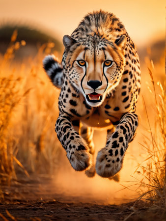 An adult cheetah is captured in mid-run at sunset with its mouth open as if it's snarling or roaring while surrounded by dry grasses.の素材