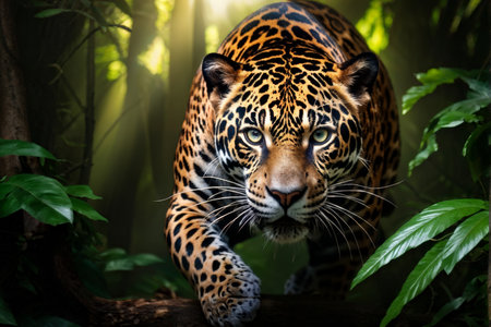 A close-up photograph of an adult leopard with green eyes in its natural habitat surrounded by lush vegetation. The animal is seen walking through dense forest undergrowth, showcasの素材