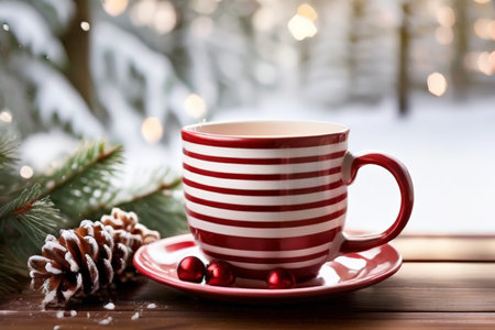 A red striped cup with tea or coffee inside it is placed on a saucer alongside festive decorations like pine cones and baubles amidst snowflakes in mid-air during winter season.の素材