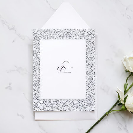 The photograph shows an elegant white invitation card with intricate patterns around its border placed against a marble background alongside two flowers. The text in the center indの素材