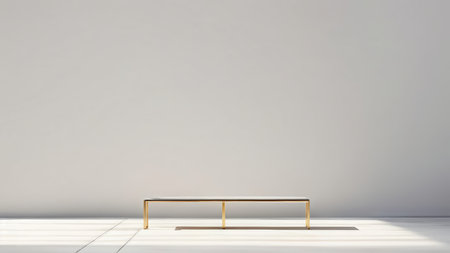 A minimalist metal table with a glass top sits in an empty room with white flooring and walls. Sunlight streams through unseen windows creating light streaks across the floor. No oの素材