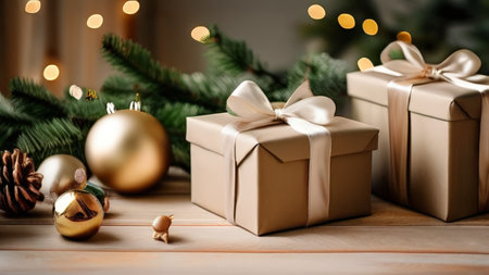 A festive setting with three wrapped gifts in beige paper adorned with white ribbons near holiday decorations such as Christmas balls and pinecones. Softly blurred lights add a warの素材