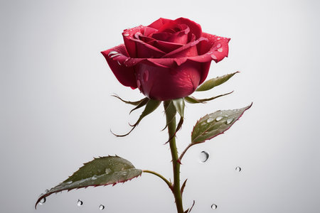 A singular red rose with dew droplets is shown against a gray background in this close-up photograph. The leaves are green, elongated, have serrated edges, and bear some dew dropsの素材