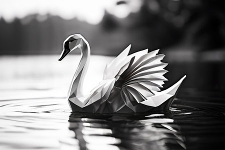 A grayscale photograph depicting an origami swan floating in water with its reflection visible below it against a blurred background of trees and sky.の素材