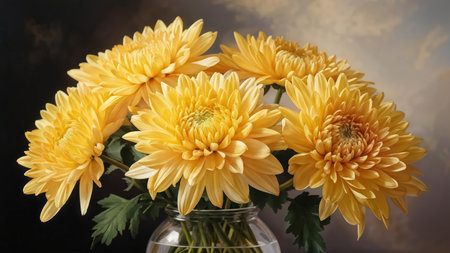 A bouquet of yellow chrysanthemums in a glass vase against an out-of-focus backdrop with light streaks suggestive of twilight or dawn ambiance.の素材
