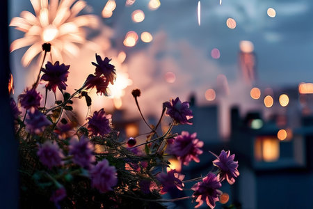 Nighttime cityscape with fireworks display through flowers in foreground; out-of-focus lights illuminate blurred background structures.の素材