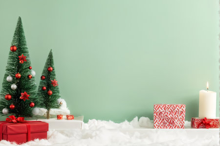 Two decorated Christmas trees with ornaments in red, silver, white, gold and green hues; presents wrapped in red, orange striped and pink floral designs along with a snowman figuriの素材