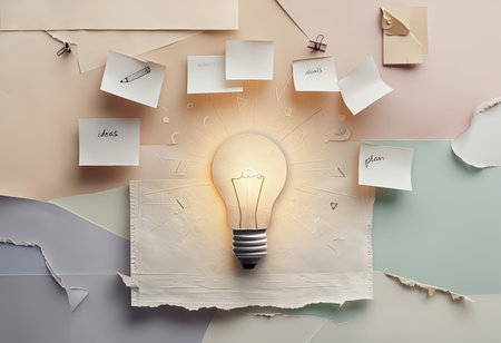 A light bulb is surrounded by ideas written on sticky notes against colorful paper backgrounds.の素材
