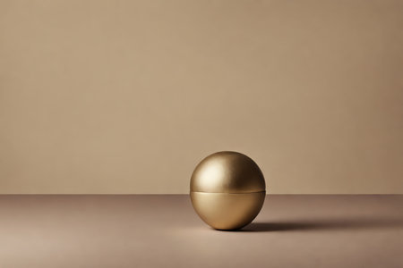 A golden sphere with two halves is placed against a plain beige background in an unadorned setting. The lighting casts soft shadows below it.の素材