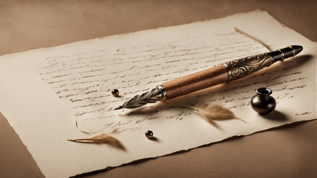 A sepia-toned photo displays elegant quill pens next to an inkwell and scattered feathers atop handwritten parchment paper with ornate writing.の素材