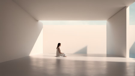 A woman meditates in solitude amidst minimalistic architecture with soft natural lighting.の素材