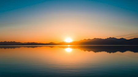 A breathtaking sunset over mountains reflecting in calm waters captures the serene beauty of nature's end-of-day display.の素材
