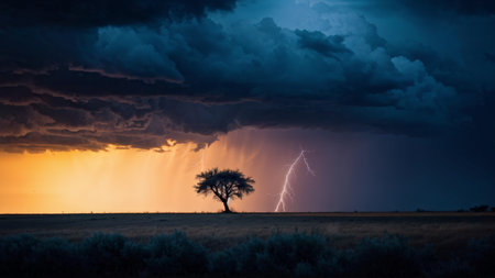 A lone tree stands in an open field under stormy skies with lightning bolts striking behind it; sunlight illuminates part of the sky above as dusk approaches.の素材