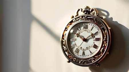 A photo captures an ornate pocket watch with Roman numerals hanging from its chain against a white backdrop casting a shadow in warm sunlight. The time is approximately ten minutesの素材