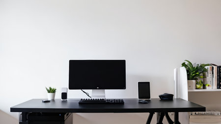 A workspace with computer peripherals including keyboard, mouse, tablet stand, speaker, desk lamp, potted plants and digital devices such as smartphone and external hard drive. A bの素材