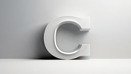 A three-dimensional rendering of a white letter "C" with varying shades from light to dark gray shading it in an angled position against a plain background.の素材