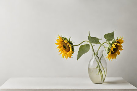 A still life composition featuring two sunflowers with their stems submerged in water inside a vase placed on a white surface against a plain background.の素材