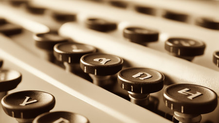 A sepia-toned close-up of an old typewriter's keyboard with round keys featuring black lettering; shallow depth of field emphasizes foreground keys.の素材