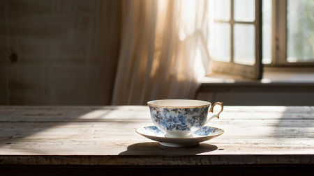 A floral porcelain tea cup with saucer placed on a wooden surface in sunlight, near an open window curtain-draped doorway.の素材
