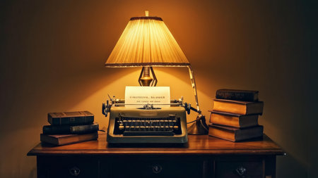 A cozy scene featuring an illuminated lamp over a vintage typewriter displaying text in German with surrounding books, all set upon a wooden surface. The overall ambiance exudes waの素材