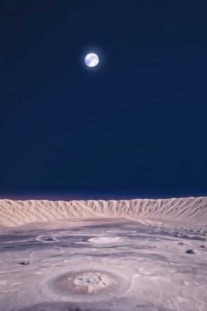 A lunar landscape with ripples in snow under a dark sky illuminated by moonlight.の素材