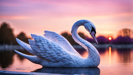 A swan with feathers in shades of white and light blue is floating gracefully on calm water at sunset, with pink hues in the sky reflecting off the surface below. The background feの素材