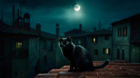 A black cat with glowing eyes sits atop a rooftop at night against an urban backdrop under a full moon.の素材
