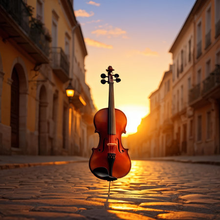 A violin is standing upright in an urban street setting during sunset with buildings lining either side of cobblestone pavement. The background appears slightly blurred due to a shの素材
