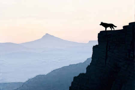 A silhouette of a wolf stands atop a rocky cliff against a backdrop featuring mountain peaks partially covered in snow under an overcast sky. The scenery is rendered with muted colの素材