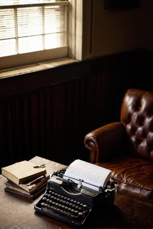 The photo features an atmosphere of solitude with a typewriter placed centrally, hinting at writing or research activities in progress against the backdrop of dim lighting from a wの素材
