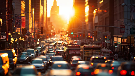A busy city street at dusk with tall buildings in view, filled with traffic during rush hour as vehicles' headlights create a golden glow from the setting sun.の素材