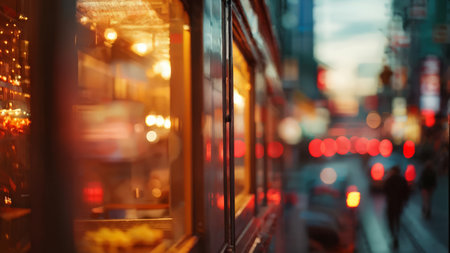 The photograph captures an urban street scene at dusk with warm lighting from storefronts reflecting in glass windows; motion blur suggests traffic activity outside while pedestriaの素材