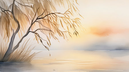 An art painting depicting willow trees along calm water with hues of orange in the sky at dusk or dawn.の素材