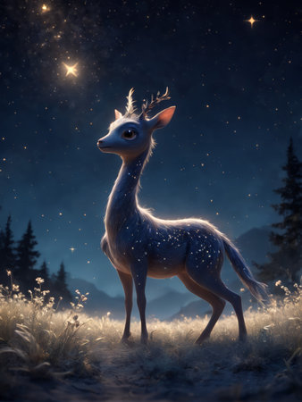 A glowing deer stands in night-time woods with stars above it.の素材