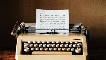 A vintage typewriter with paper inserted is displayed against a muted brown backdrop; it features a beige-colored body with cream keys and dark metal accents, as well as visible brの素材