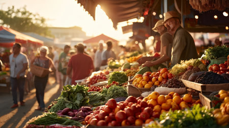 Outdoor market with people browsing fruits and vegetables at sunset, featuring warm lighting in an urban setting.の素材