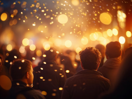 A group of people watches an event illuminated by warm, glowing light with floating bokeh lights in golden tones in soft-focus background.の素材