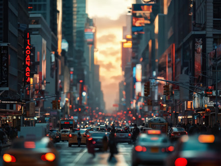 A city street at dusk with bright lights from buildings and cars moving in traffic as pedestrians walk nearby; 'ILLOIACO' is visible among other signs.の素材