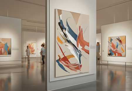 Art gallery featuring large abstract paintings with people walking by.の素材