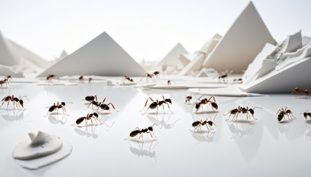 The photograph depicts ants engaged in various activities amid white structures resembling pyramids; it highlights teamwork with selective focus enhancing clarity for foreground elの素材