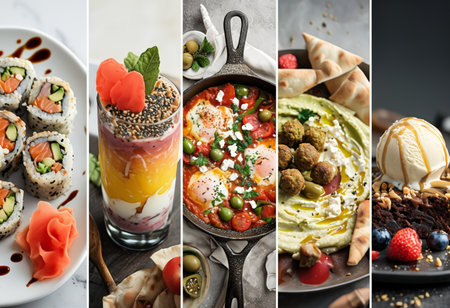 A montage of five appetizing dishes featuring sushi rolls with salmon and avocado, layered dessert or salad with citrus foam and mint garnish, fried rice in a cast-iron skillet witの素材