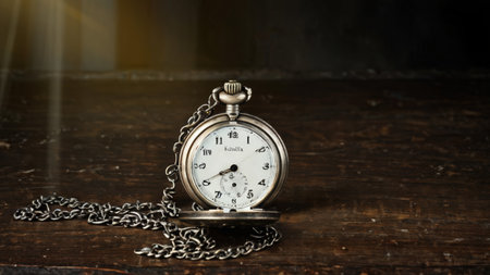 A classic pocket watch with its chain lying beside it is placed on an old wooden surface, bathed in warm light from above that casts shadows behind it; text on face indicates "1892の素材