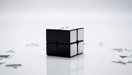 A black-and-white Rubik's Cube sits against a white background with scattered arrows around it in this photo from Shutterstock. The cube is centered in the frame with its sides parの素材