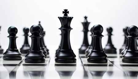 The picture depicts an intriguing chessboard setup where black pieces are prominently displayed in front of white ones against a stark background, invoking thoughts about strategyの素材