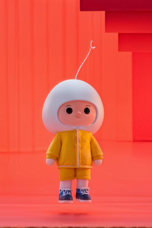A cartoon character with white headgear resembling an antenna stands in front of a red backdrop wearing yellow clothing and blue shoes.の素材