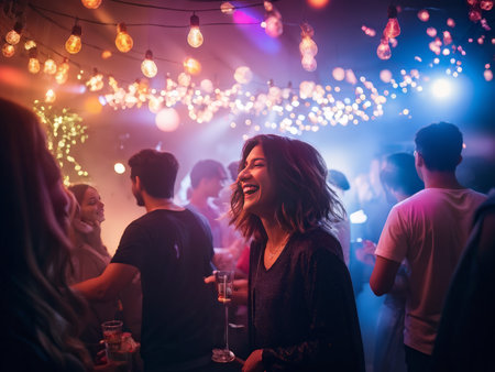 A joyful young woman in sparkly attire stands amidst a group of people at an evening social gathering illuminated by festive lights. The scene captures moments of laughter and celeの素材