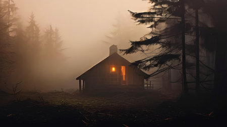 A misty forest scene with an old house in the center illuminated by warm light coming through its windows.の素材