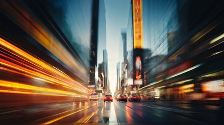 A time-lapse photo of cars moving in both directions with blurry lights behind them; bright ads adorn buildings lining this city street.の素材